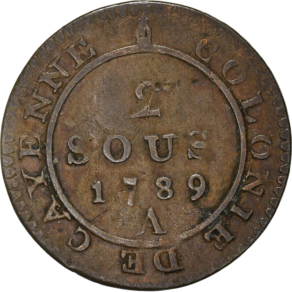 Moeda, GUIANA FRANCESA, Louis XVI, 2 Sous, 1789, Paris, VF(30-35), Lingote