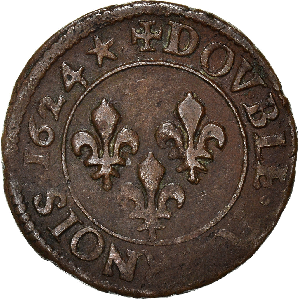 Moeda, França, Louis XIII, Double tournois, buste juvénile, Double Tournois