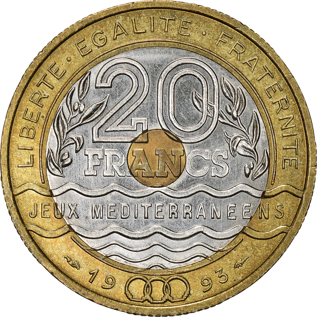 Monnaie, France, Jeux Méditerranéens, 20 Francs, 1993, TTB+, Tri-Metallic