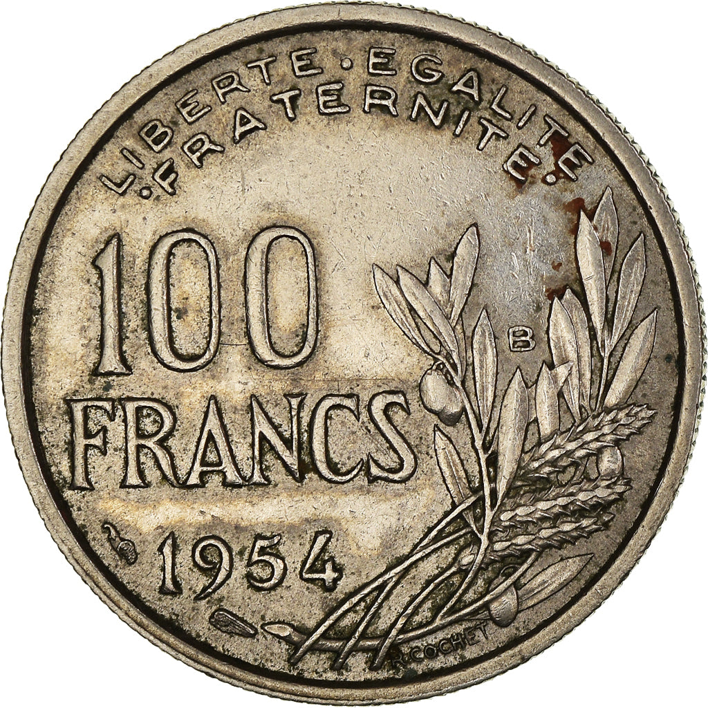 Moneta, Francia, Cochet, 100 Francs, 1954, Beaumont - Le Roger, BB, Rame-nichel