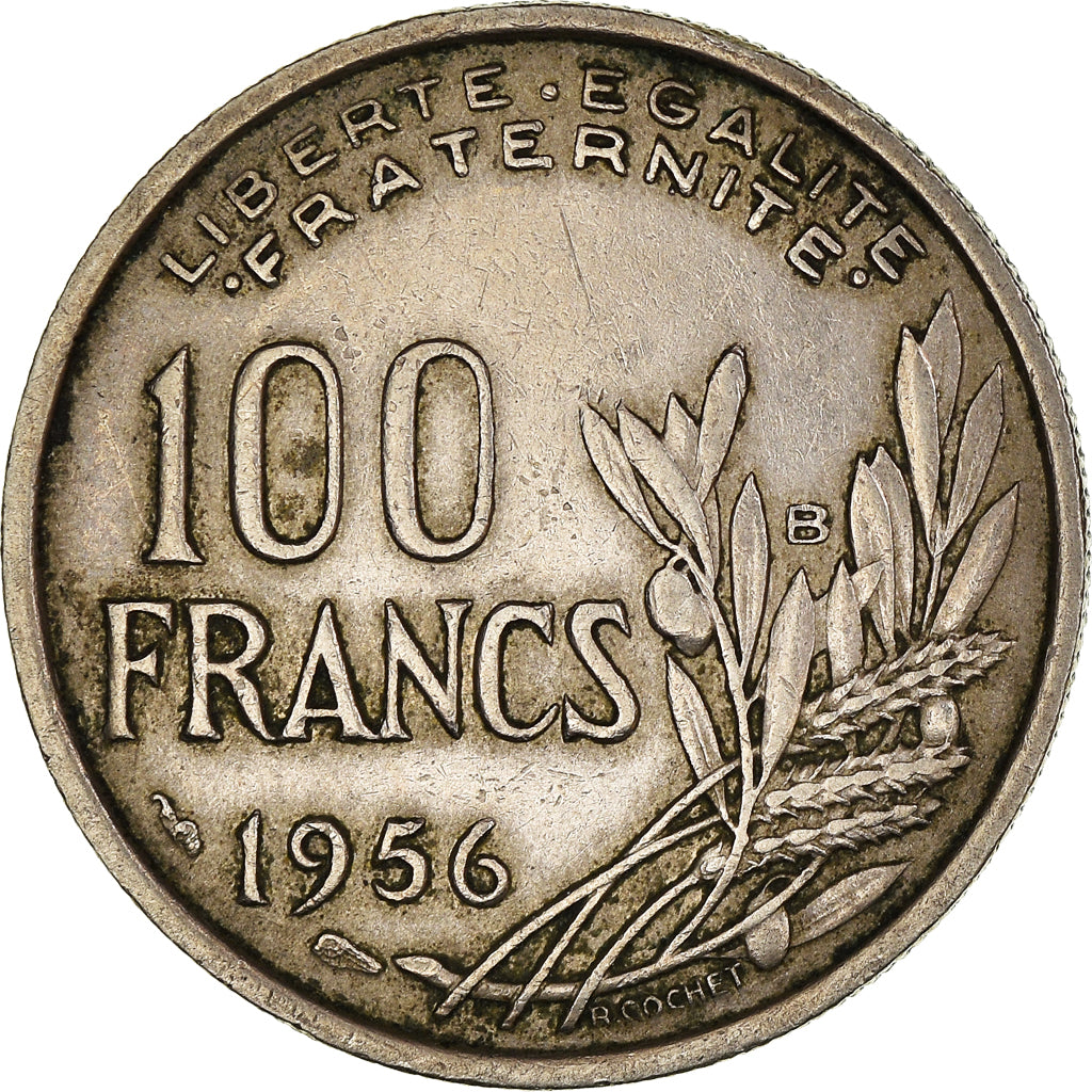 Moeda, França, Cochet, 100 Francs, 1956, Beaumont - Le Roger, EF(40-45)