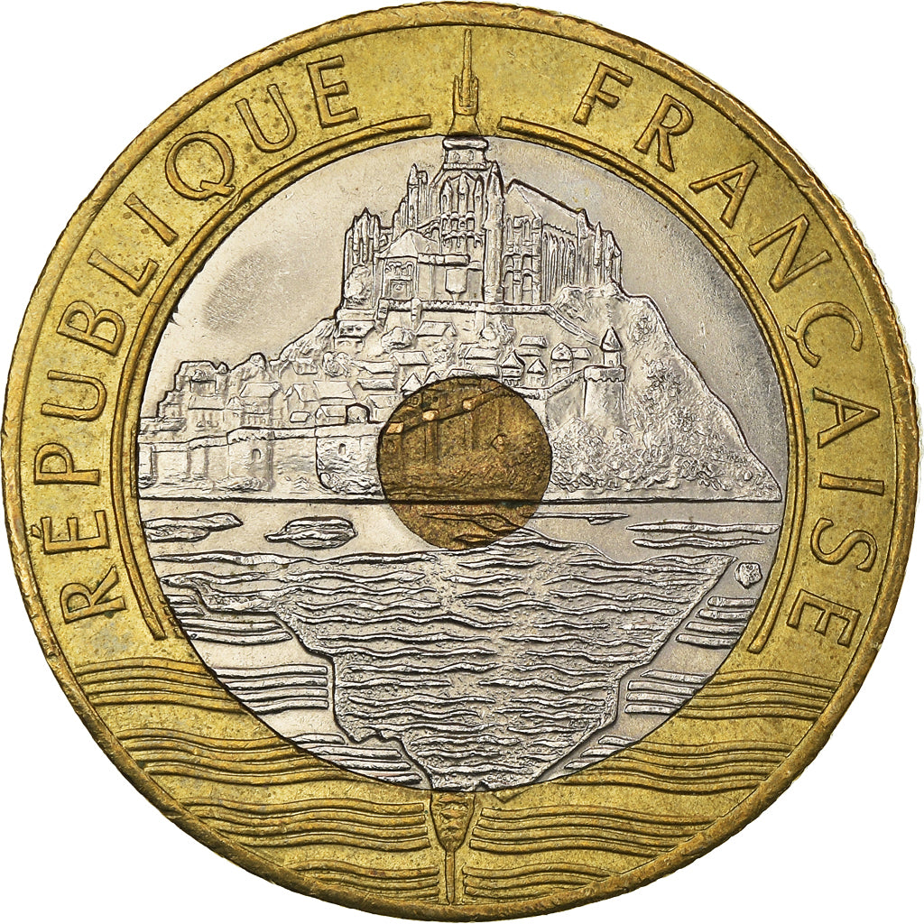 Coin, France, Mont Saint Michel, 20 Francs, 1993, AU(55-58), Tri-Metallic