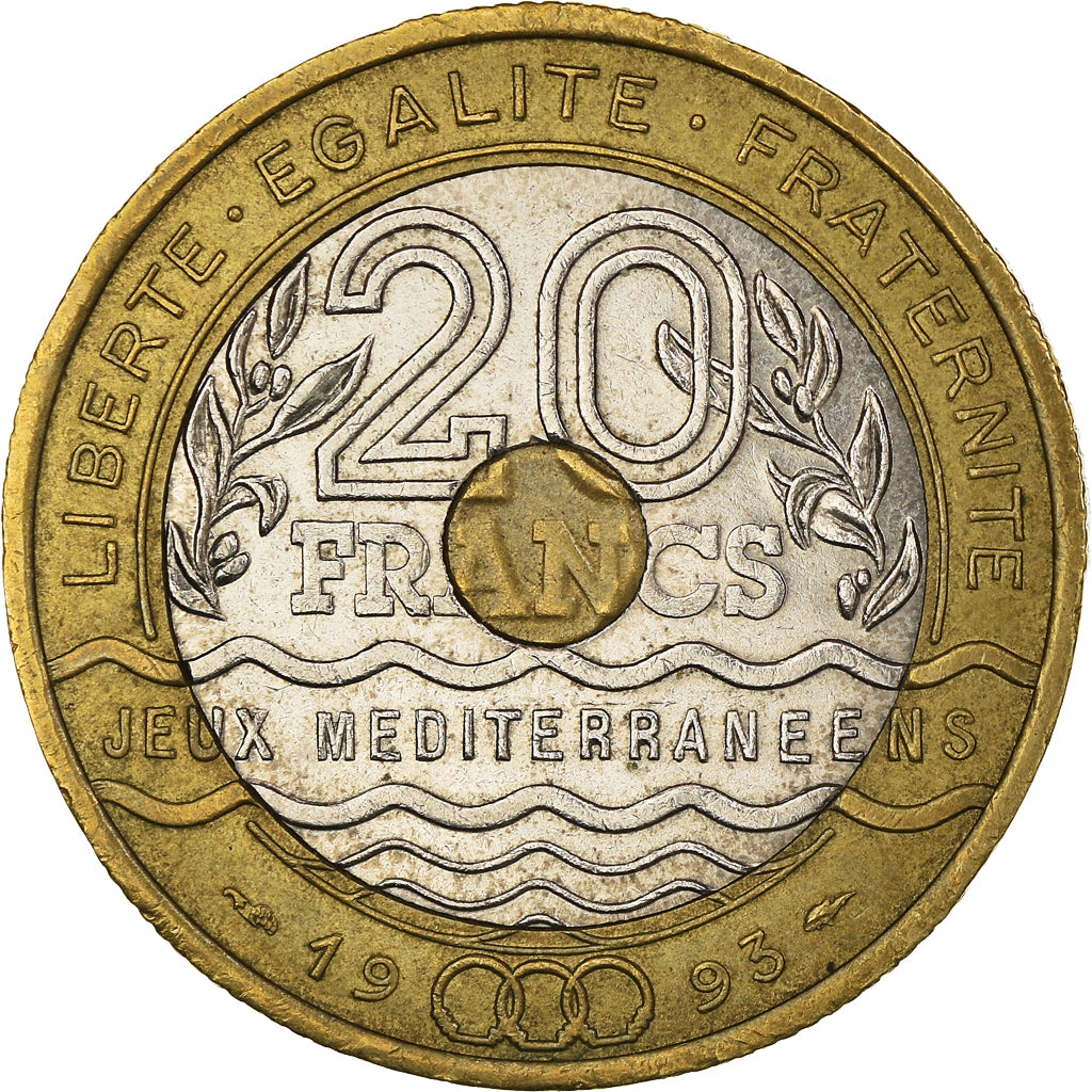 Coin, France, Jeux Méditerranéens, 20 Francs, 1993, AU(50-53), Tri-Metallic