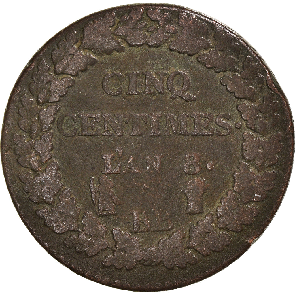 Moneta, Francia, Dupré, 5 Centimes, AN 8, Strasbourg, B+, Bronzo, KM:640.4