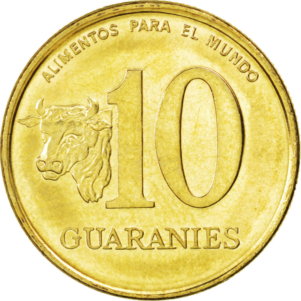 PARAGUAY, 10 Guaranies, 1996, KM #178a, MS(63), Brass Plated Steel, 2.68