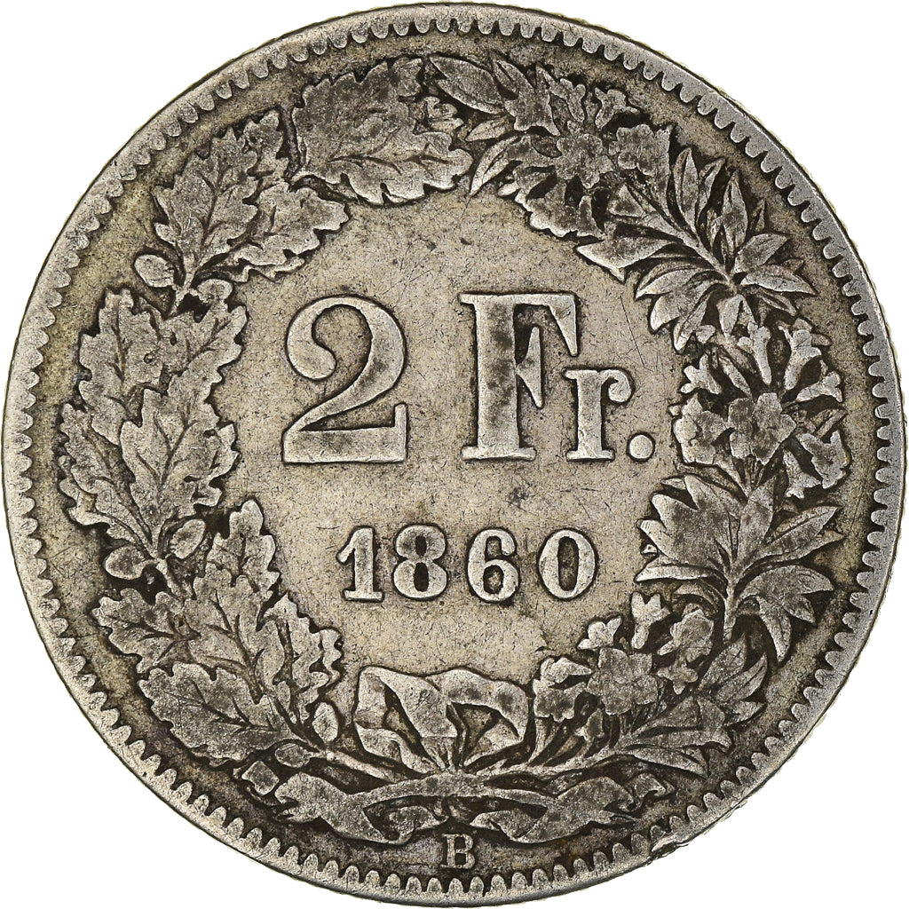 Coin, Switzerland, 2 Francs, 1860, Bern, VF(30-35), Silver, KM:10a