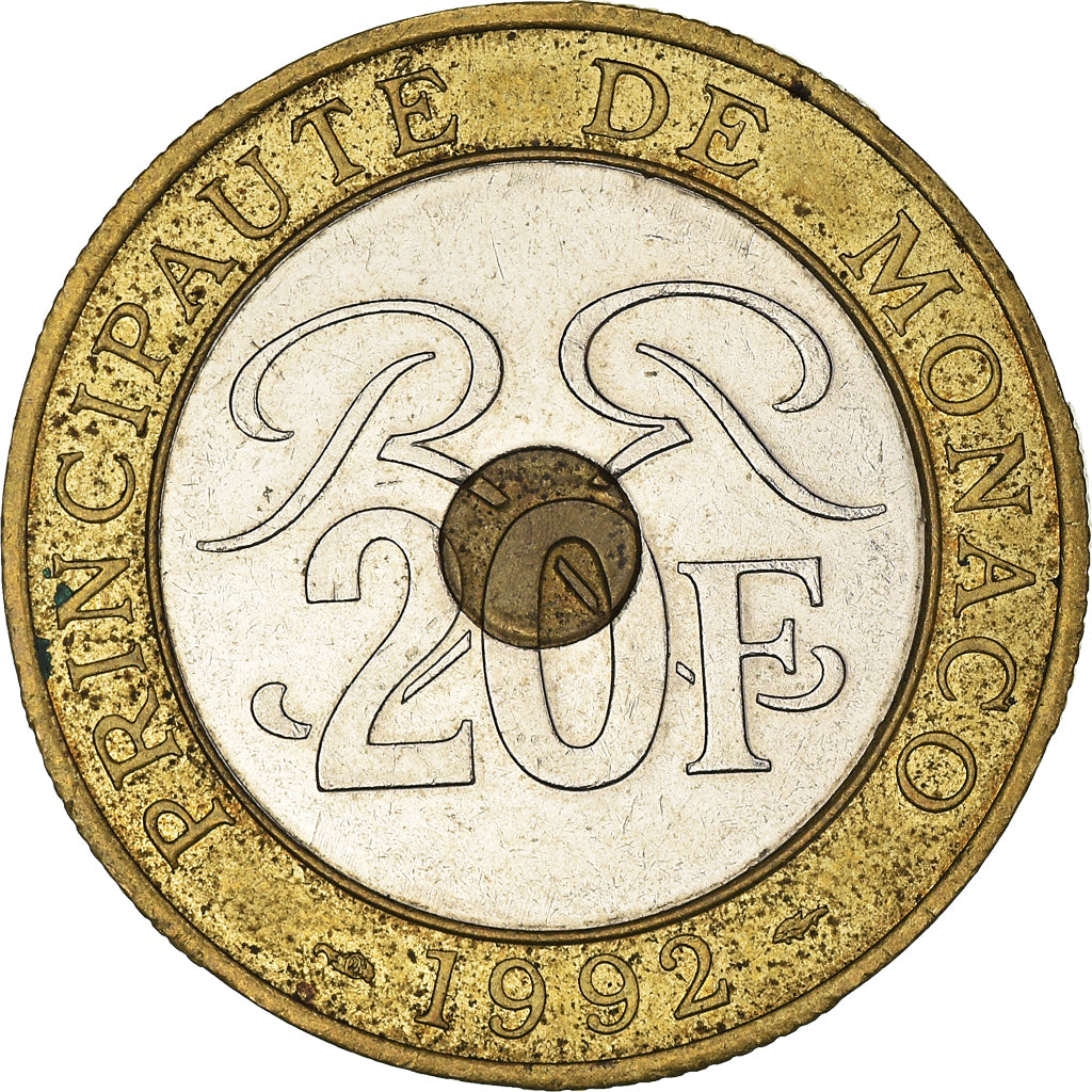 Coin, Monaco, Rainier III, 20 Francs, 1992, EF(40-45), Tri-Metallic, KM:165