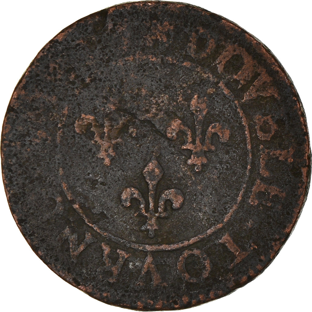 Moneta, Francja, Louis XIII, Double Tournois, Lyon, VF(20-25), Miedź, KM:61.2