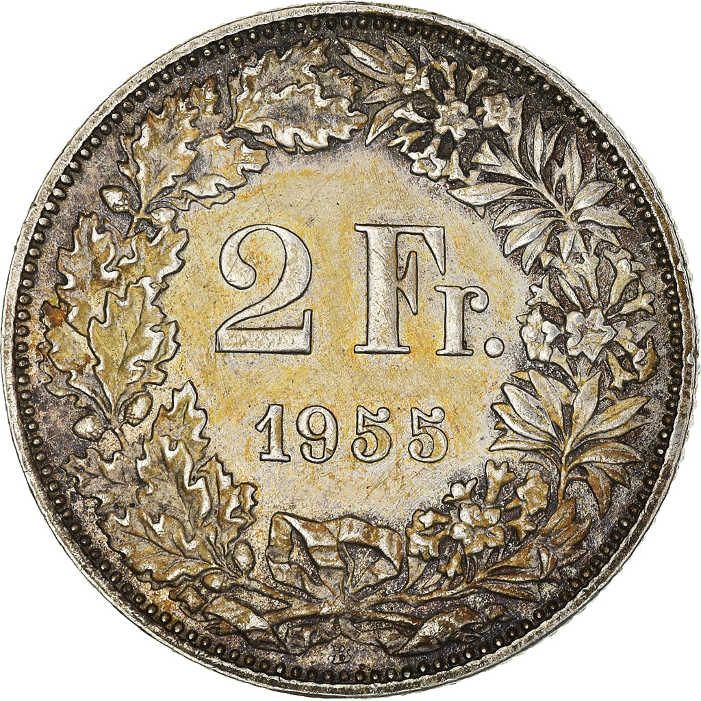 Coin, Switzerland, 2 Francs, 1955, Bern, AU(50-53), Silver, KM:21
