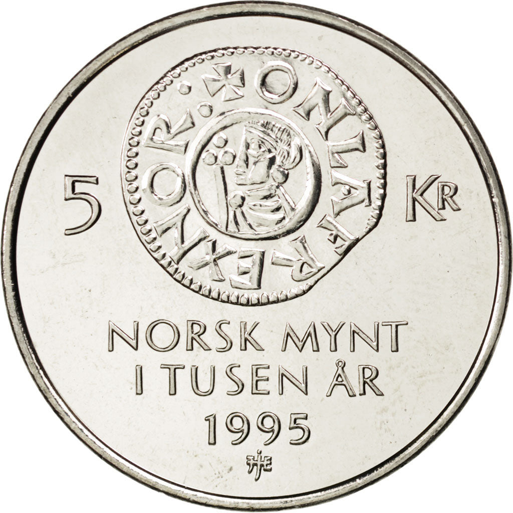 NORWAY, 5 Kroner, 1995, KM #456, MS(63), Copper-Nickel, 29.5, 11.36
