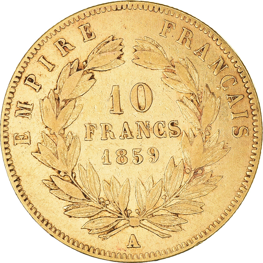 Moneta, Francia, Napoleon III, 10 Francs, 1859, Paris, MB+, Oro, KM:784.3