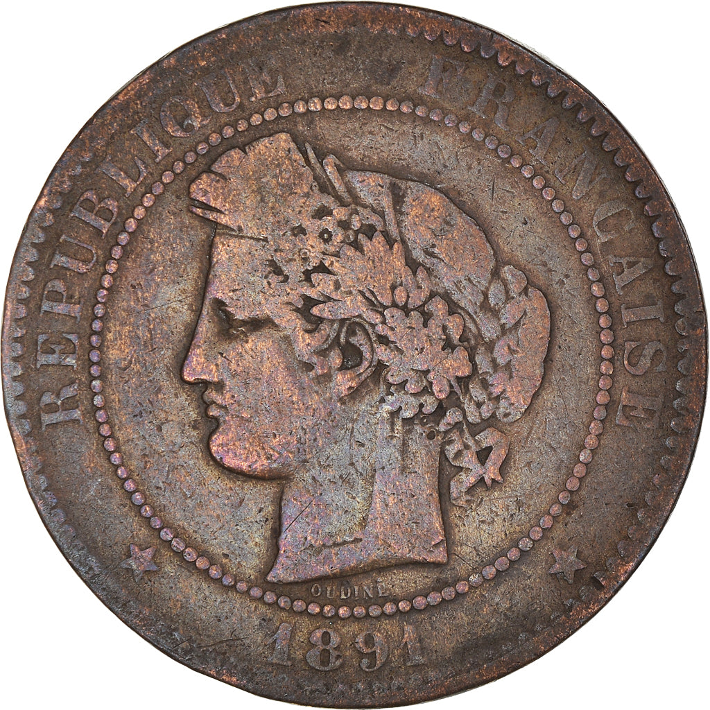 Moneta, Francia, Cérès, 10 Centimes, 1891, Paris, MB, Bronzo, KM:815.1