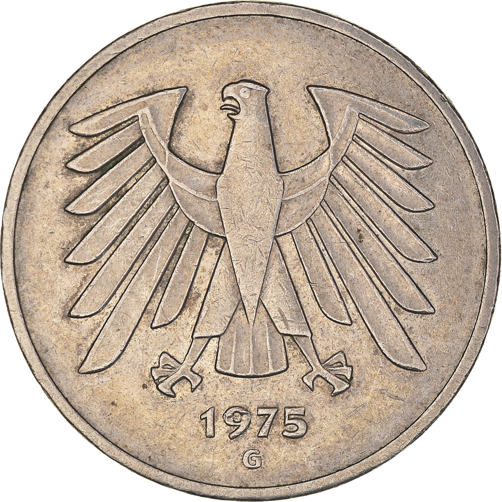 Moneta, Niemcy - RFN, 5 Mark, 1975, Karlsruhe, AU(50-53), Miedź-Nikiel