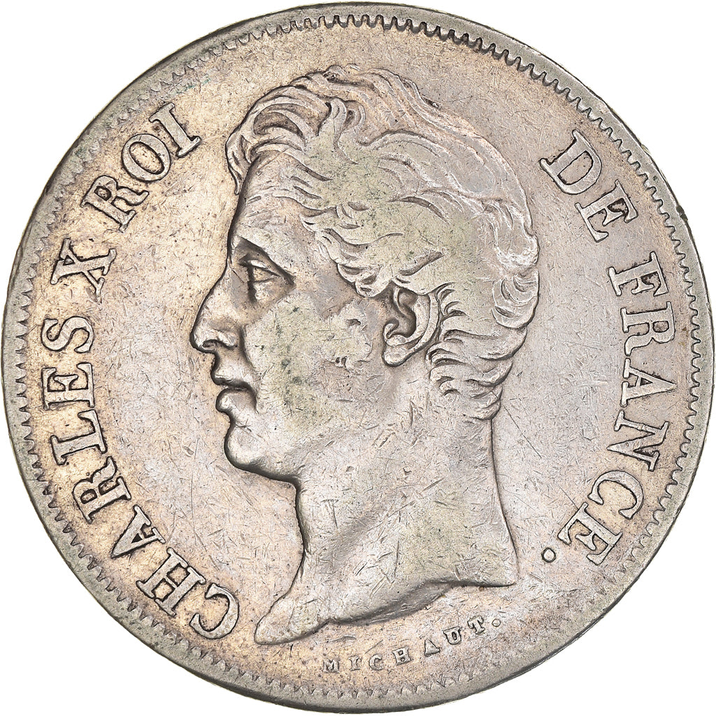 Moneta, Francja, Charles X, 5 Francs, 1827, Paris, VF(30-35), Srebro, KM:728.1
