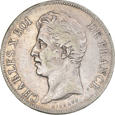 Moneta, Francja, Charles X, 5 Francs, 1827, Paris, VF(30-35), Srebro, KM:728.1