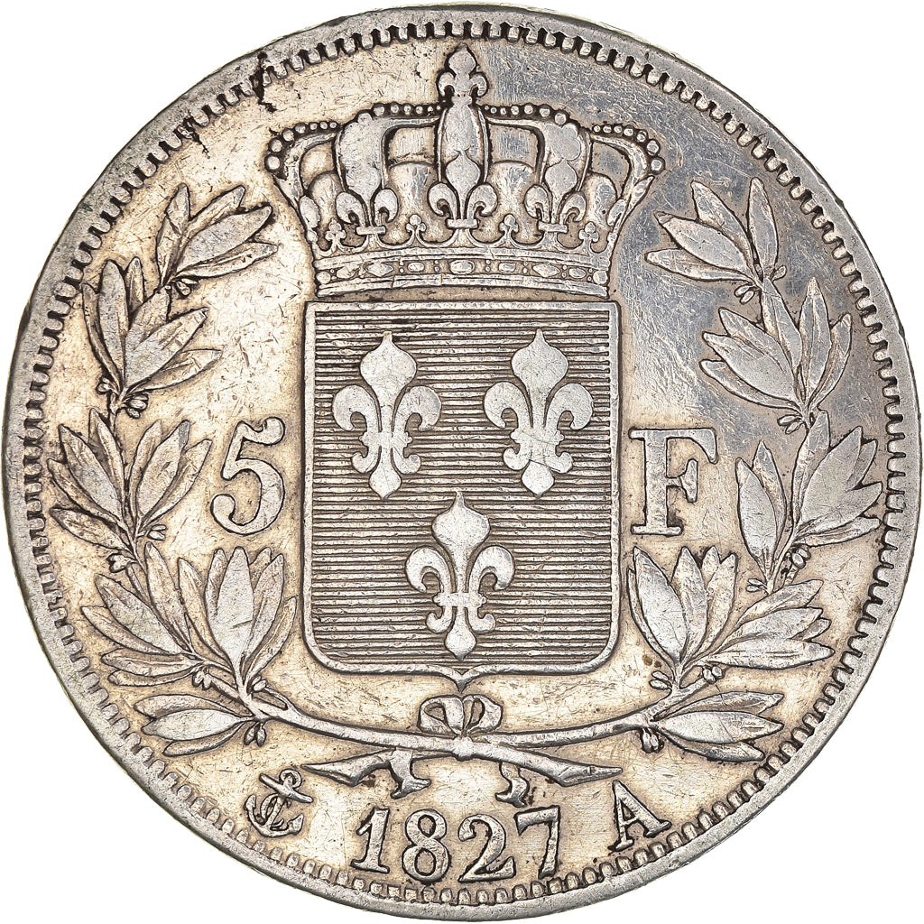 Moneta, Francja, Charles X, 5 Francs, 1827, Paris, VF(30-35), Srebro, KM:728.1
