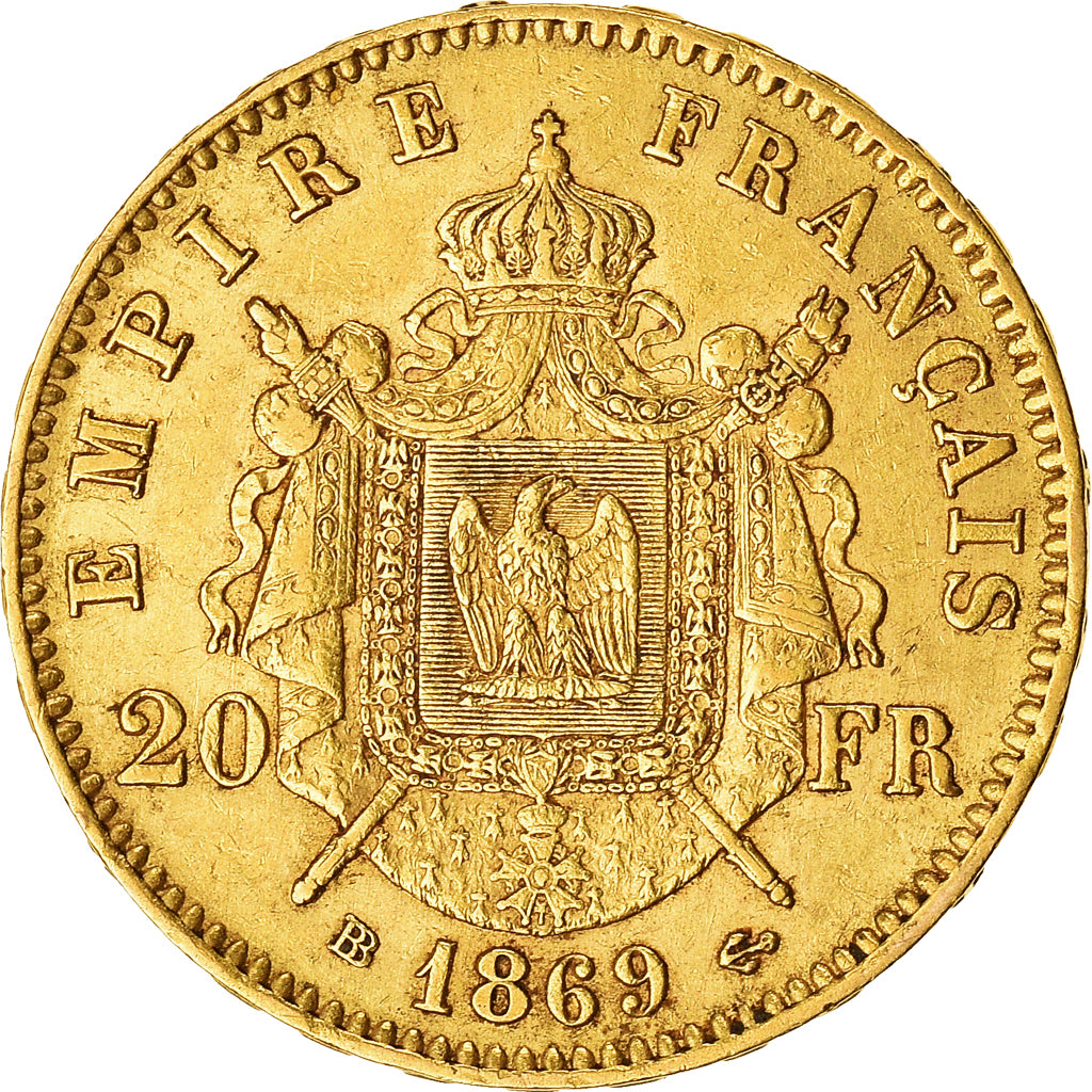 Moneta, Francia, Napoleon III, 20 Francs, 1869, Strasbourg, BB+, Oro, KM:801.2