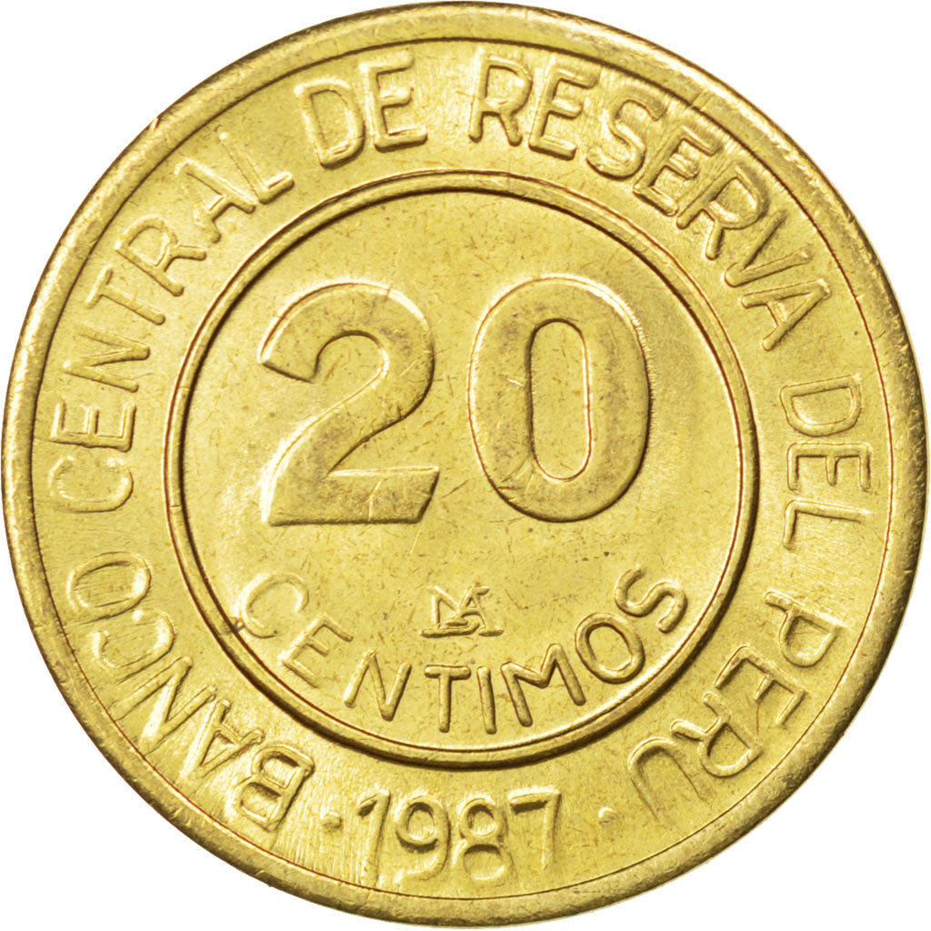 PERU, 20 Centimos, 1987, Lima, KM #294, MS(63), Brass, 21, 3.95