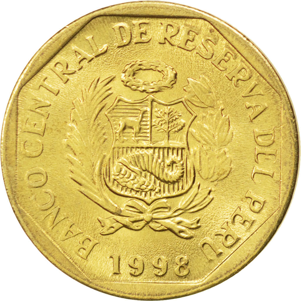 PERU, 5 Centimos, 1998, Lima, KM #304.2, MS(63), Brass, 18, 2.75