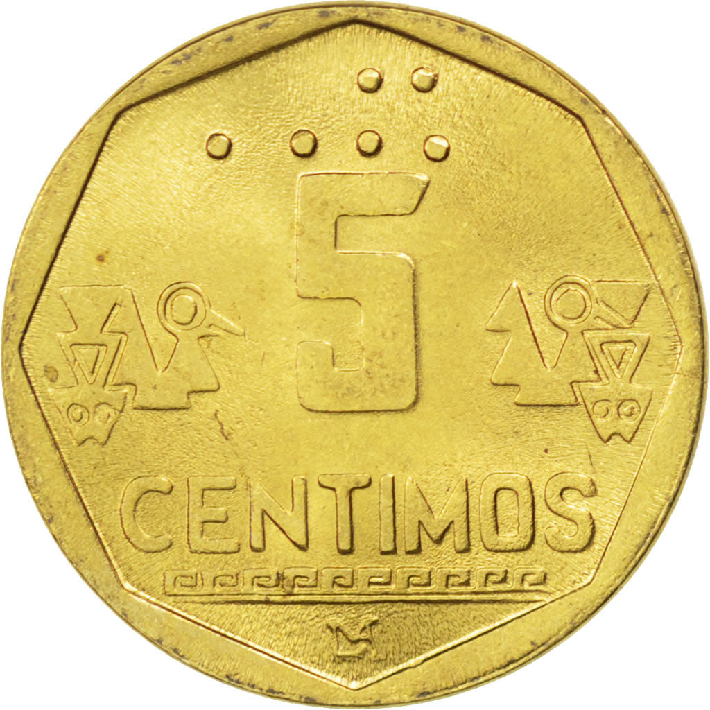 PERU, 5 Centimos, 1998, Lima, KM #304.2, MS(63), Brass, 18, 2.75