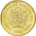 PERU, 10 Centimos, 2008, Lima, KM #305.4, MS(63), Brass, 20.5, 3.53