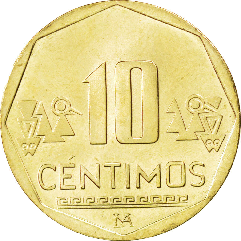 PERU, 10 Centimos, 2008, Lima, KM #305.4, MS(63), Brass, 20.5, 3.53