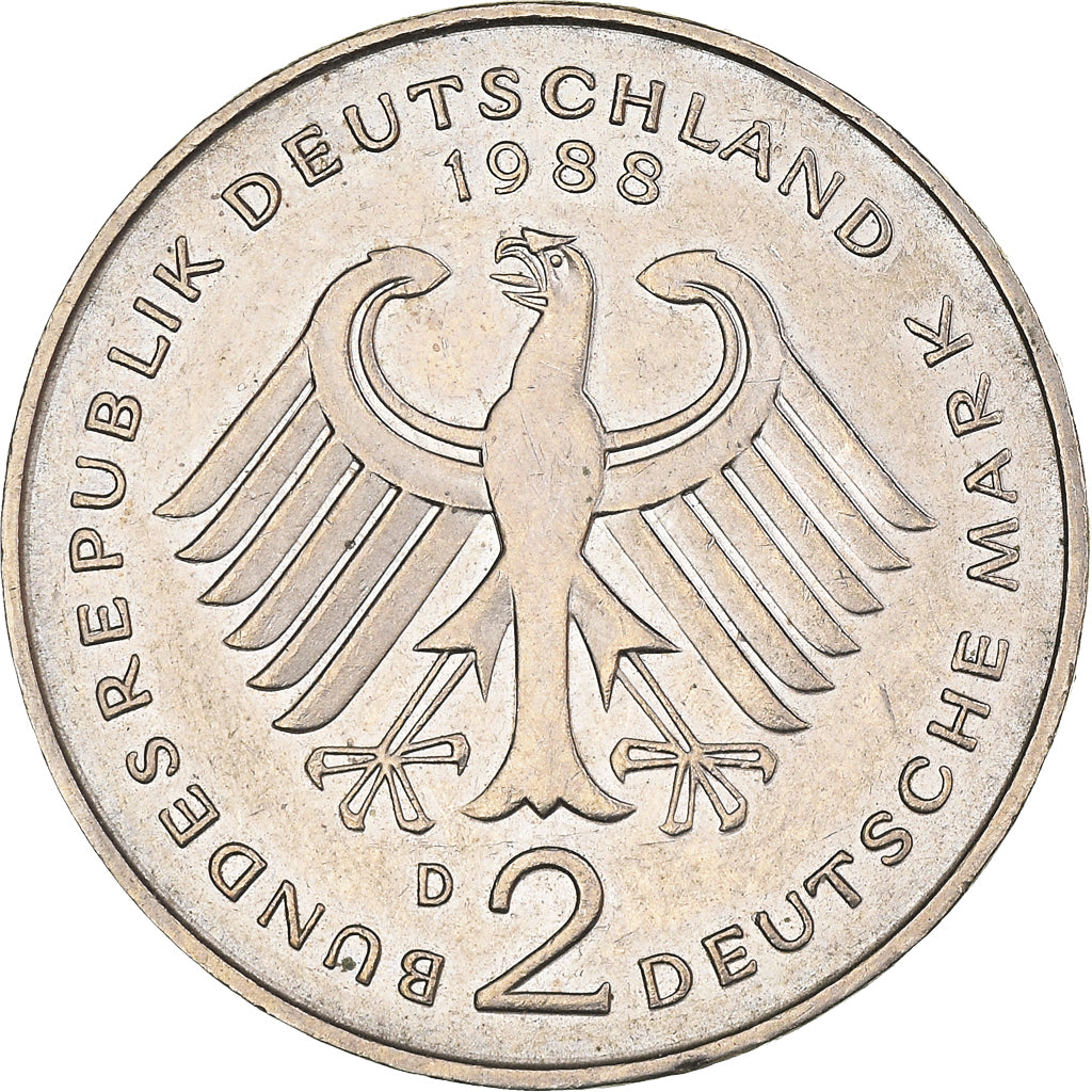 Coin, GERMANY - FEDERAL REPUBLIC, 2 Mark, 1988, Munich, AU(50-53), Copper-Nickel