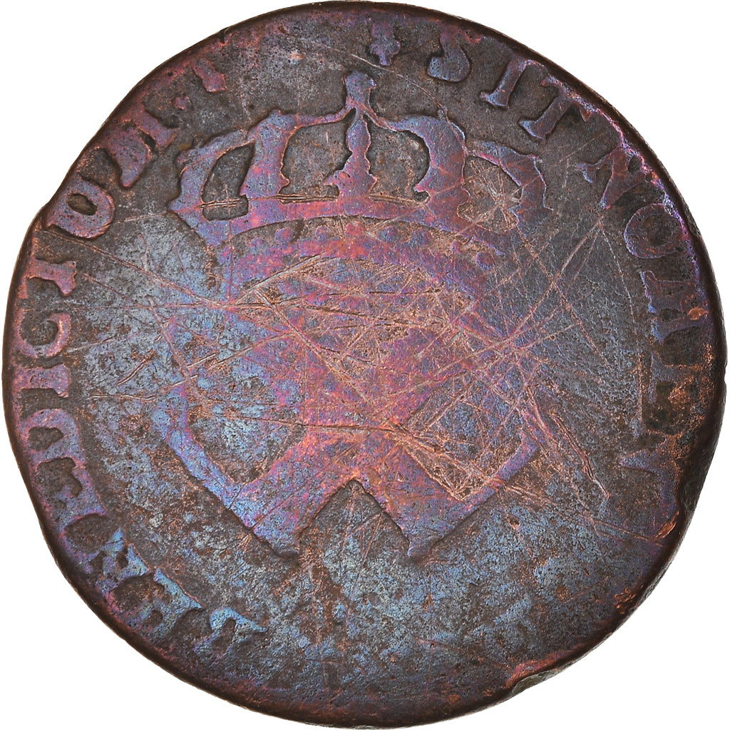 Moeda, COLÓNIAS FRANCESAS, Louis XV, 9 Deniers, 1721, La Rochelle, F(12-15)