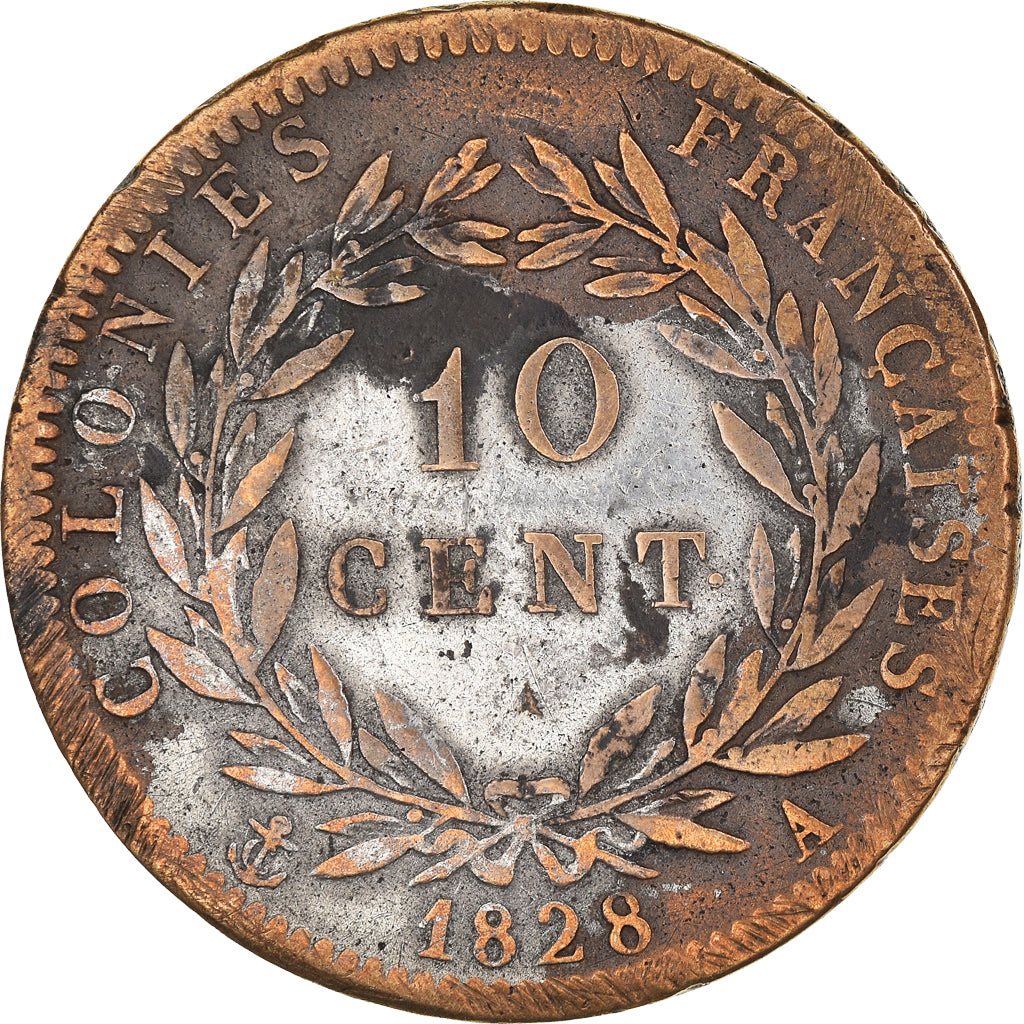 Coin, FRENCH COLONIES, Charles X, 10 Centimes, 1828, Paris, VF(20-25), Bronze
