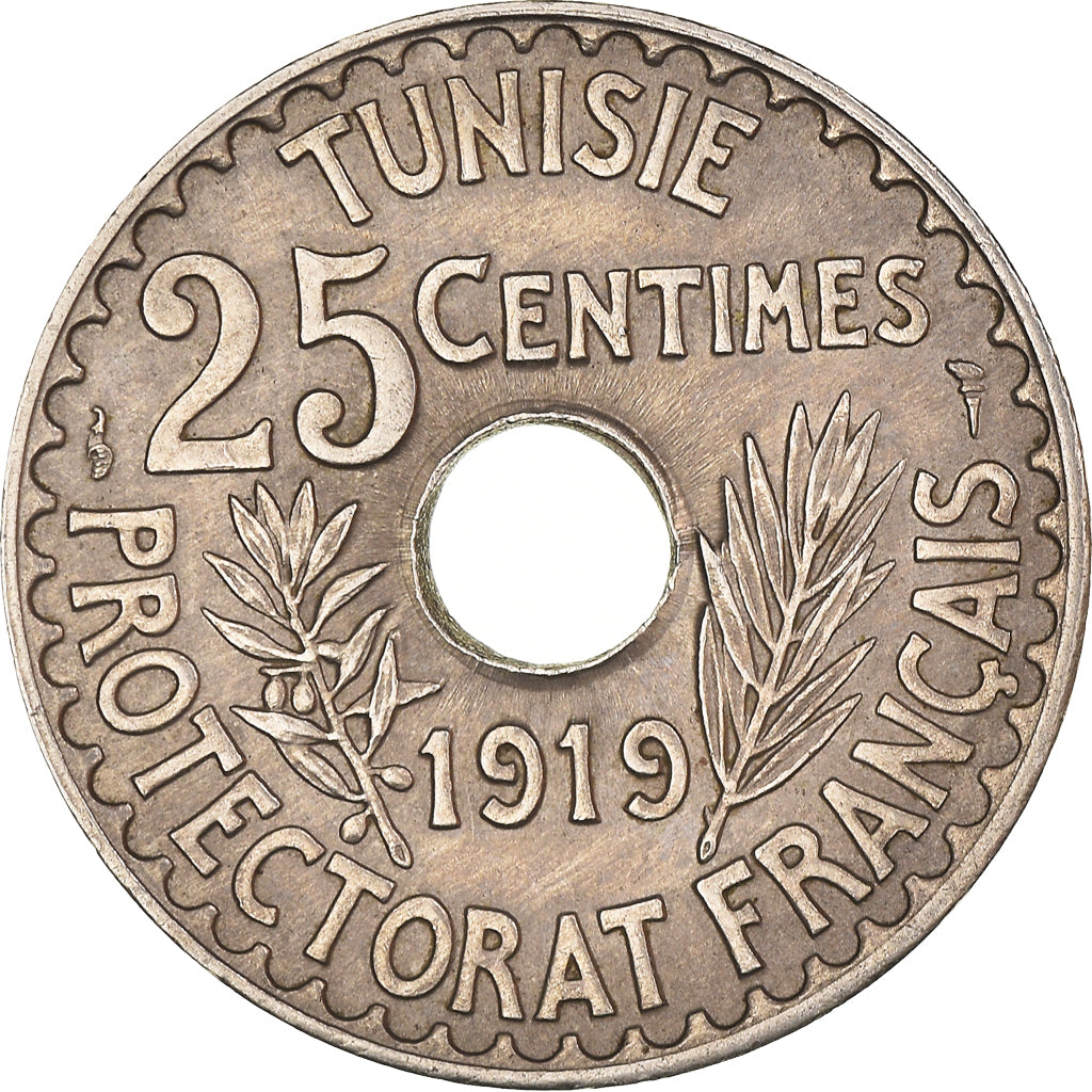 Moneda, Túnez, Muhammad al-Nasir Bey, 25 Centimes, 1919, Paris, MBC+, Níquel -