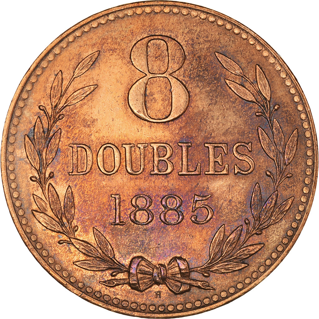 Coin, Guernsey, 8 Doubles, 1885, Heaton, Birmingham, AU(55-58), Bronze, KM:7