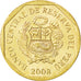 Moneta, Peru, 10 Centimos, 2008, MS(63), Mosiądz, KM:305.4