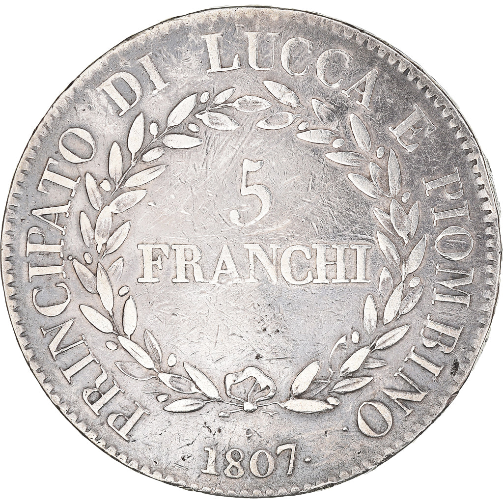Münze, Italien Staaten, LUCCA, Felix and Elisa, 5 Franchi, 1807, Firenze, S+