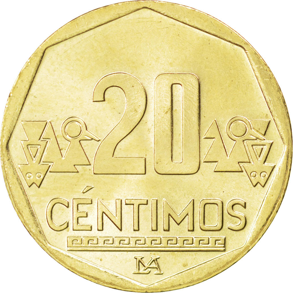 PERU, 20 Centimos, 2008, Lima, KM #306.4, MS(63), Brass, 23, 4.40