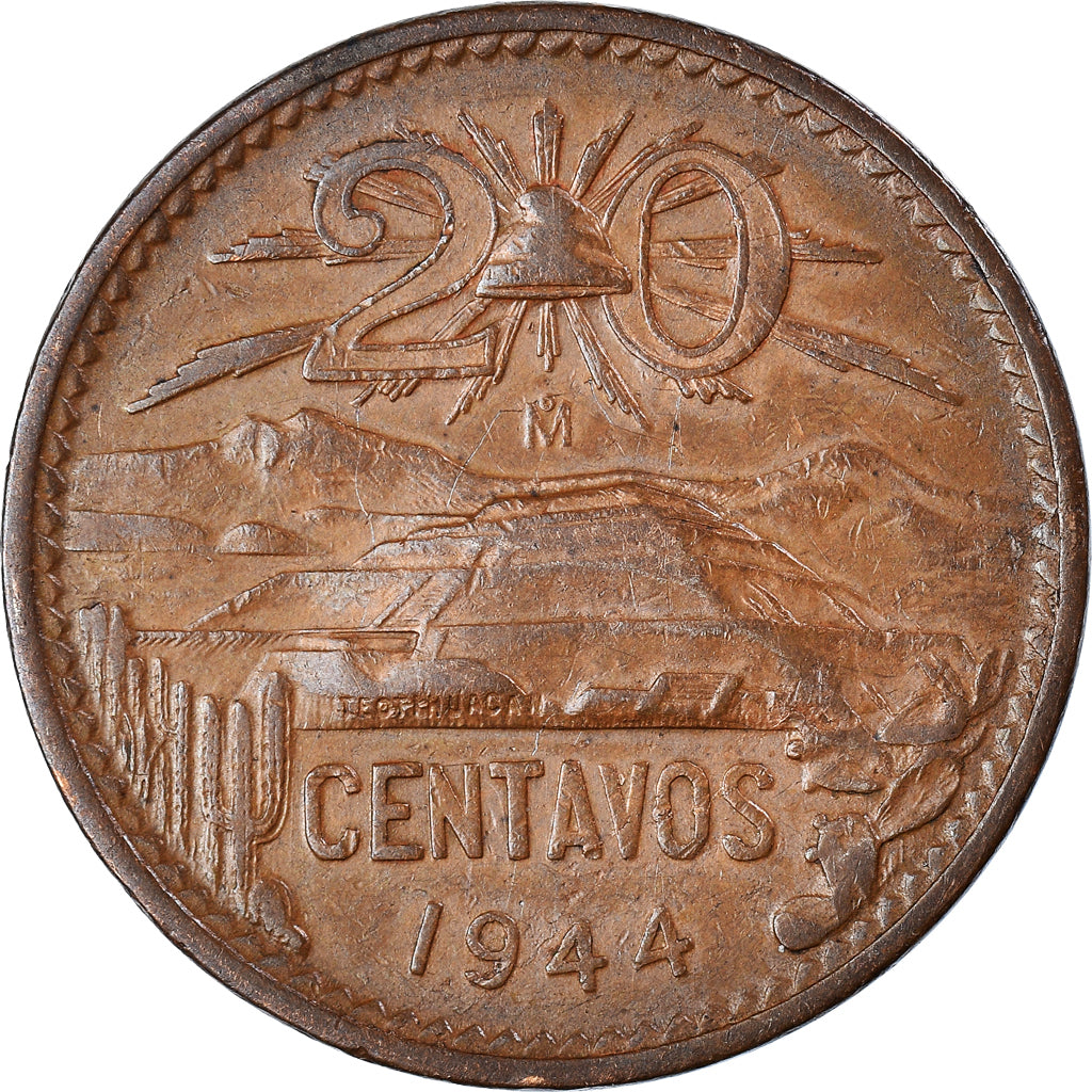 Moneda, México, 20 Centavos, 1944, Mexico City, MBC+, Bronce, KM:439