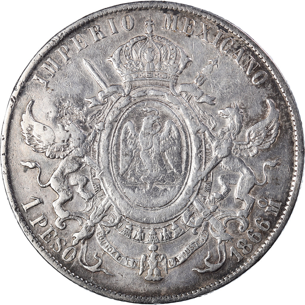 Moneta, Messico, Maximilian, Peso, 1866, Mexico City, BB, Argento, KM:388.1