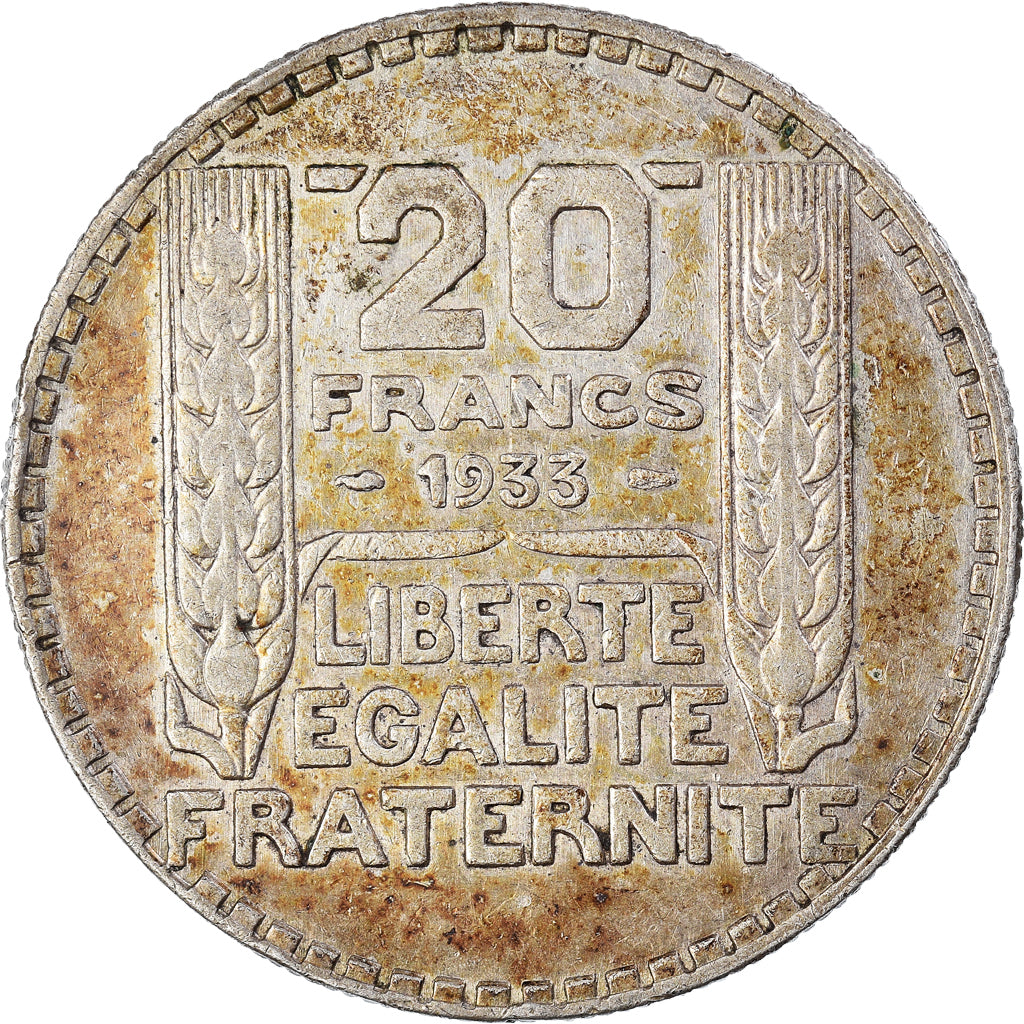 Moneda, Francia, Turin, 20 Francs, 1933, Paris, Rameaux courts, MBC+, Plata