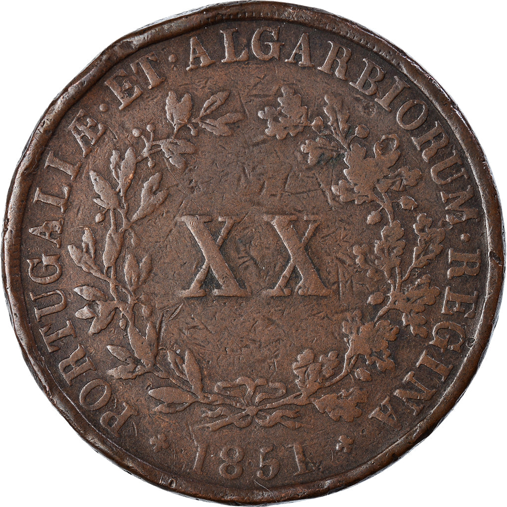 Coin, Portugal, Maria II, 20 Reis, 1851, VF(30-35), Copper, KM:482