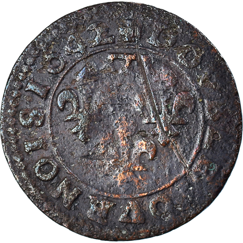 Moeda, França, DOMBES, Gaston d'Orléans, Double Tournois, 1642, Trévoux