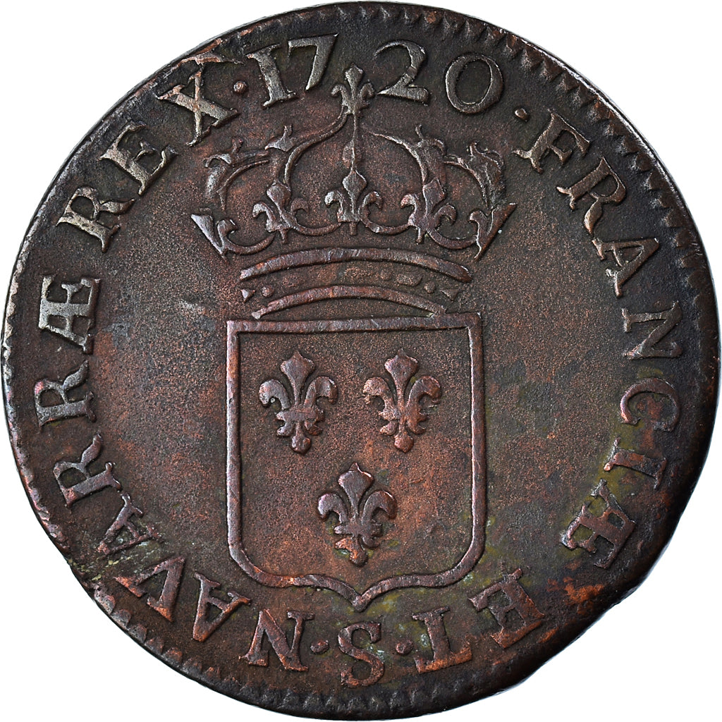 Monnaie, France, Louis XV, 1/2 Sol au buste enfantin, 1720, Reims, TB, Cuivre