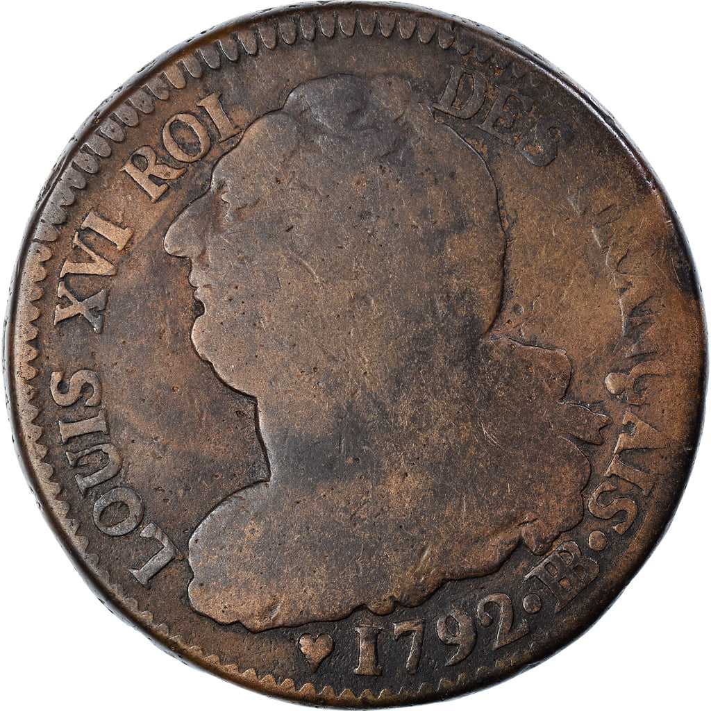 Coin, France, Louis XVI, 2 Sols, 1792, Strasbourg, VF(20-25), Bronze, KM:612