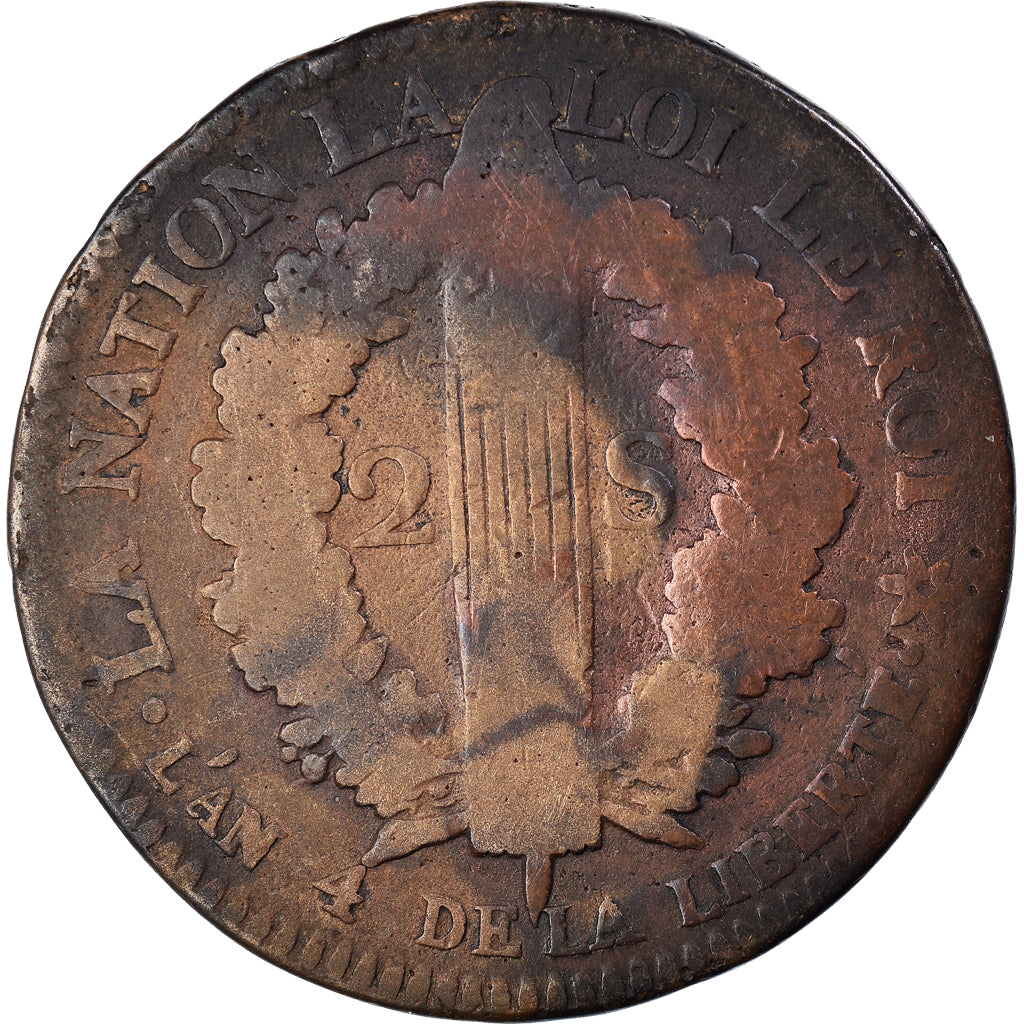 Coin, France, Louis XVI, 2 Sols, 1792, Strasbourg, VF(20-25), Bronze, KM:612