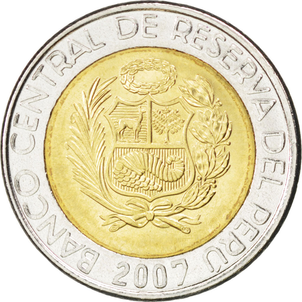 PERU, 2 Nuevos Soles, 2007, Lima, KM #313, MS(63), Bi-Metallic, 22.2, 5.53