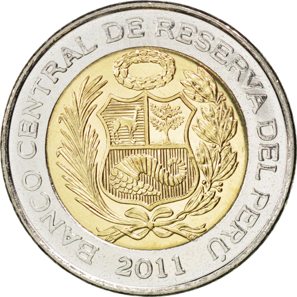 PERU, 5 Nuevos Soles, 2011, Lima, KM #344, MS(63), Bi-Metallic, 24.38, 6.70