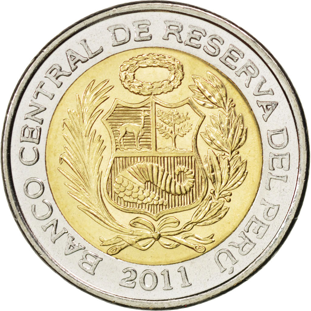 PERU, 2 Nuevos Soles, 2011, Lima, KM #343, MS(63), Bi-Metallic, 22.38, 5.64