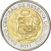 PERU, 2 Nuevos Soles, 2011, Lima, KM #343, MS(63), Bi-Metallic, 22.38, 5.64