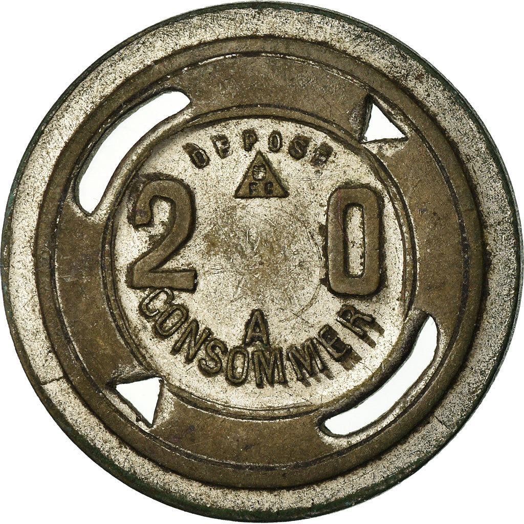 France, Token, 20 Centimes à Consommer, Lettre B, EF(40-45), Nickel plated