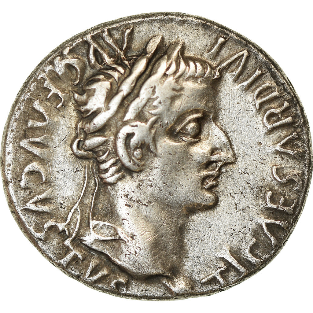 Coin, Tiberius, Denarius, AD 14-37, Lyon - Lugdunum, Brockage, AU(50-53), Silver