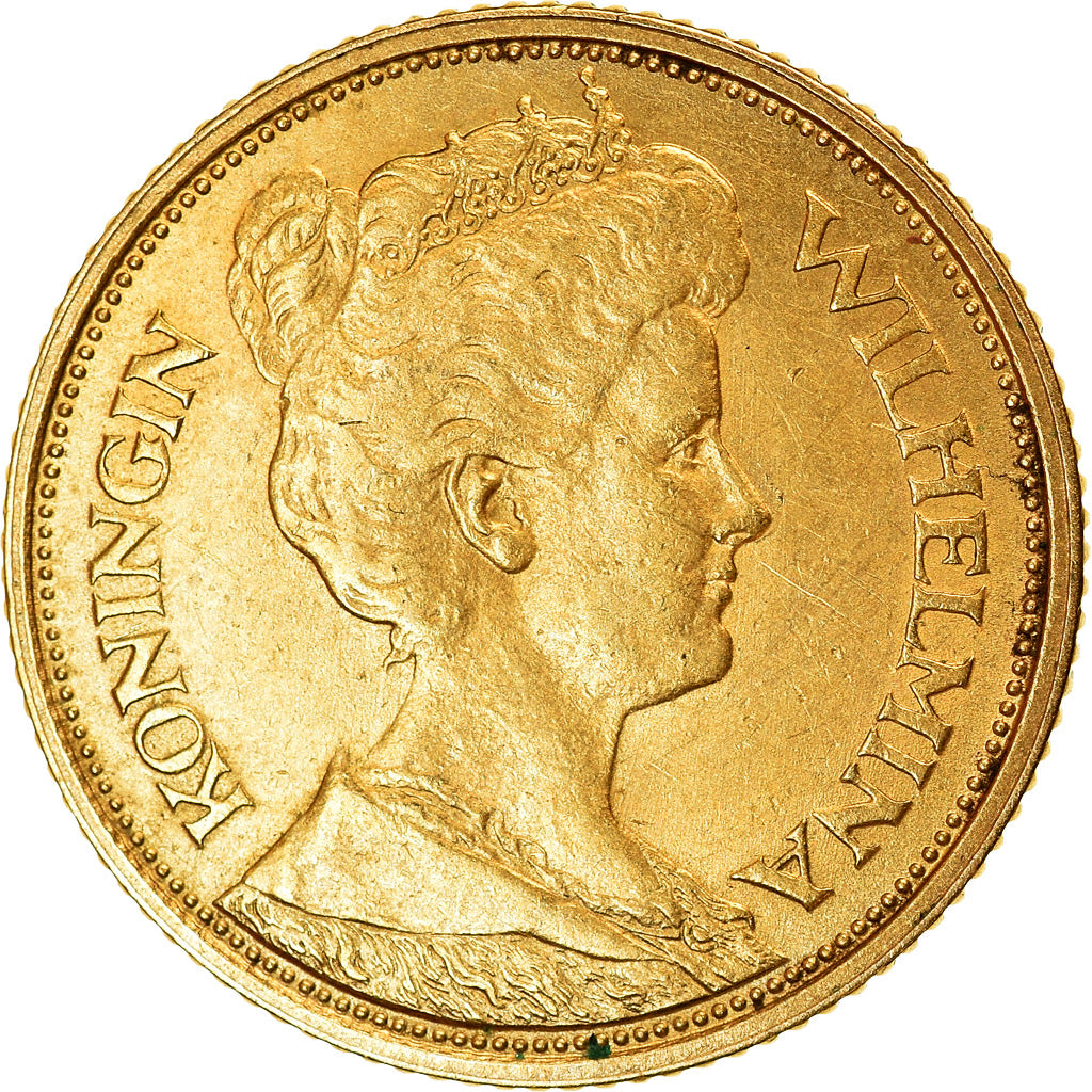 Coin, Netherlands, Wilhelmina I, 5 Gulden, 1912, AU(50-53), Gold, KM:151