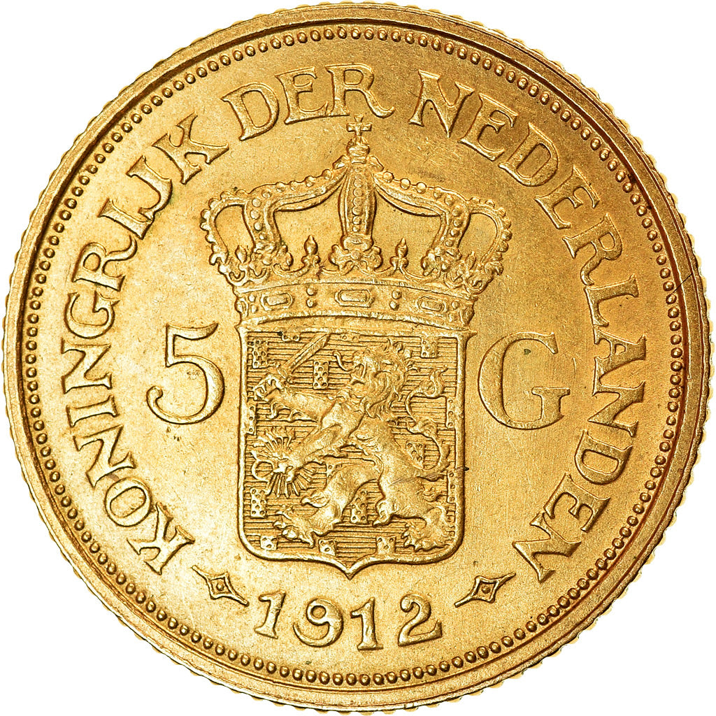 Coin, Netherlands, Wilhelmina I, 5 Gulden, 1912, AU(50-53), Gold, KM:151